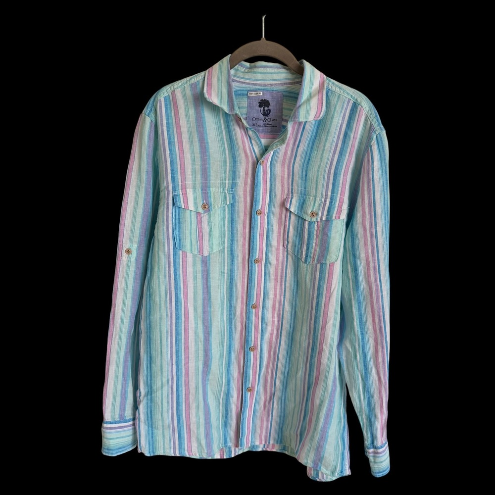 Ocean & Coast Mens 100% Linen Striped Button Down Shirt Blue Pink Medium Coastal